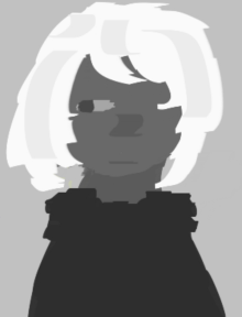 A monochrome contrast sketch of a character. She has white, chin-length
hair, and is wearing a black, hooded vestement. Only one eye is visible.
