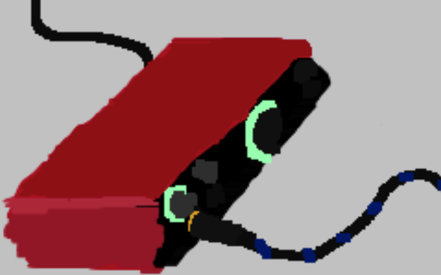 A colored contrast sketch of a Focusrite Scarlett 2i2. There is a power
		cable running from offscreen to its back, and an instrument cable running
		from its front to offscreen.