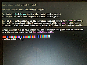 low resolution camera photo of arch linux install screen