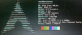 low resolution camera photo of arch linux displaying neofetch